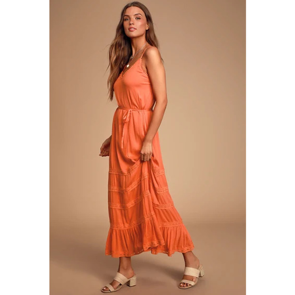 Lulus Dresses & Skirts - Lulu's Coulee Coral Orange Lace Maxi Dress